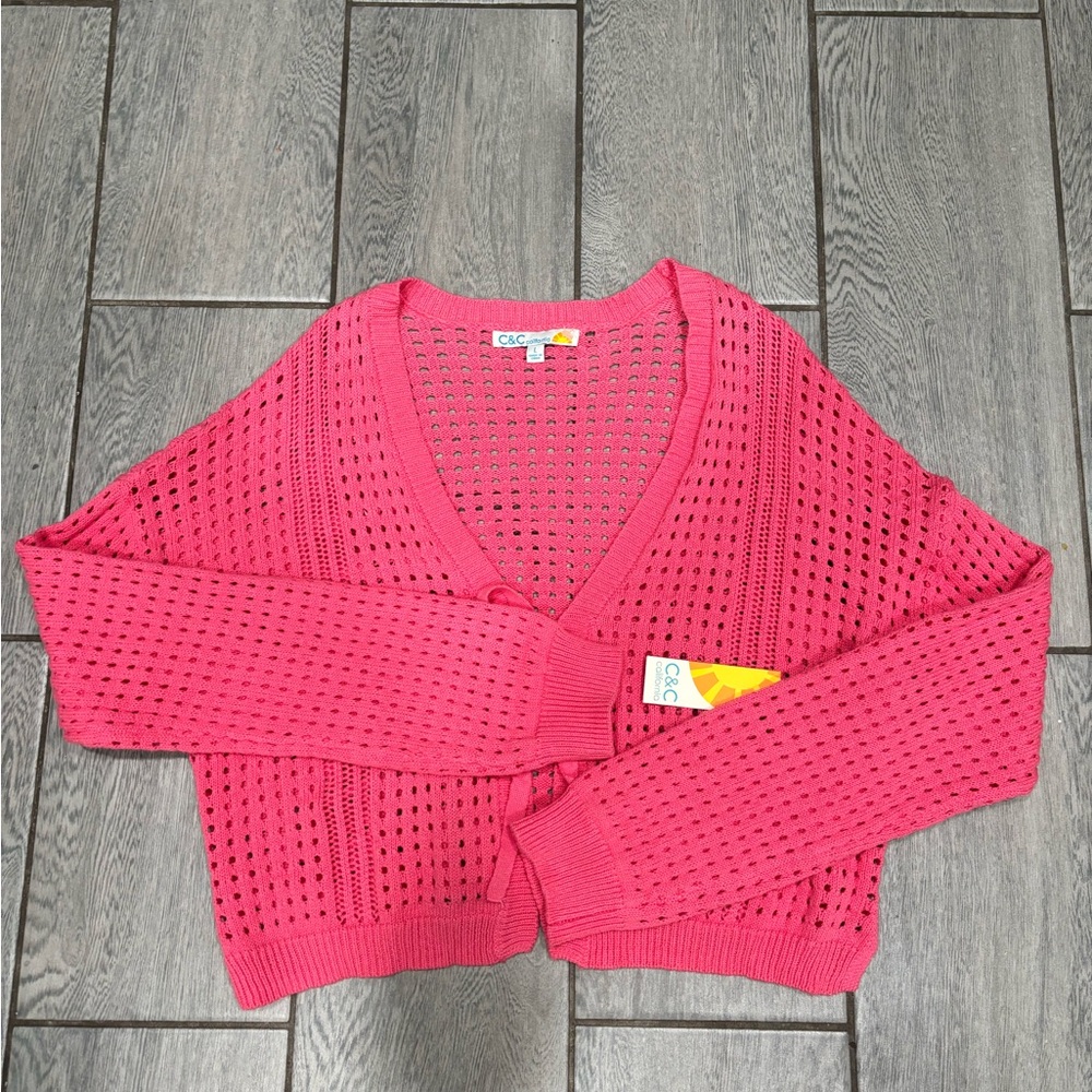 C&C California Tie Front Cardigan Pink Lemonade Size Large 100% Cotton - Picture 4 of 8